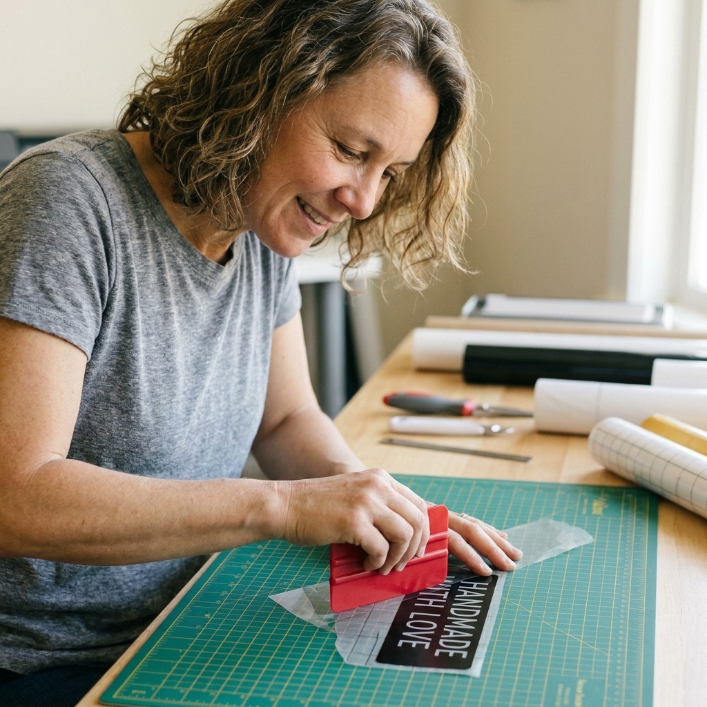 A person burnishing clear transfer tape over a vinyl label decal using a plastic scraper on a cutting mat