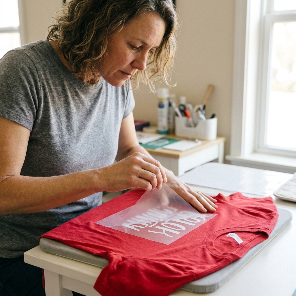 A person carefully peeling the clear carrier sheet from iron-on vinyl on a t-shirt while holding the fabric flat on a firm pressing surface