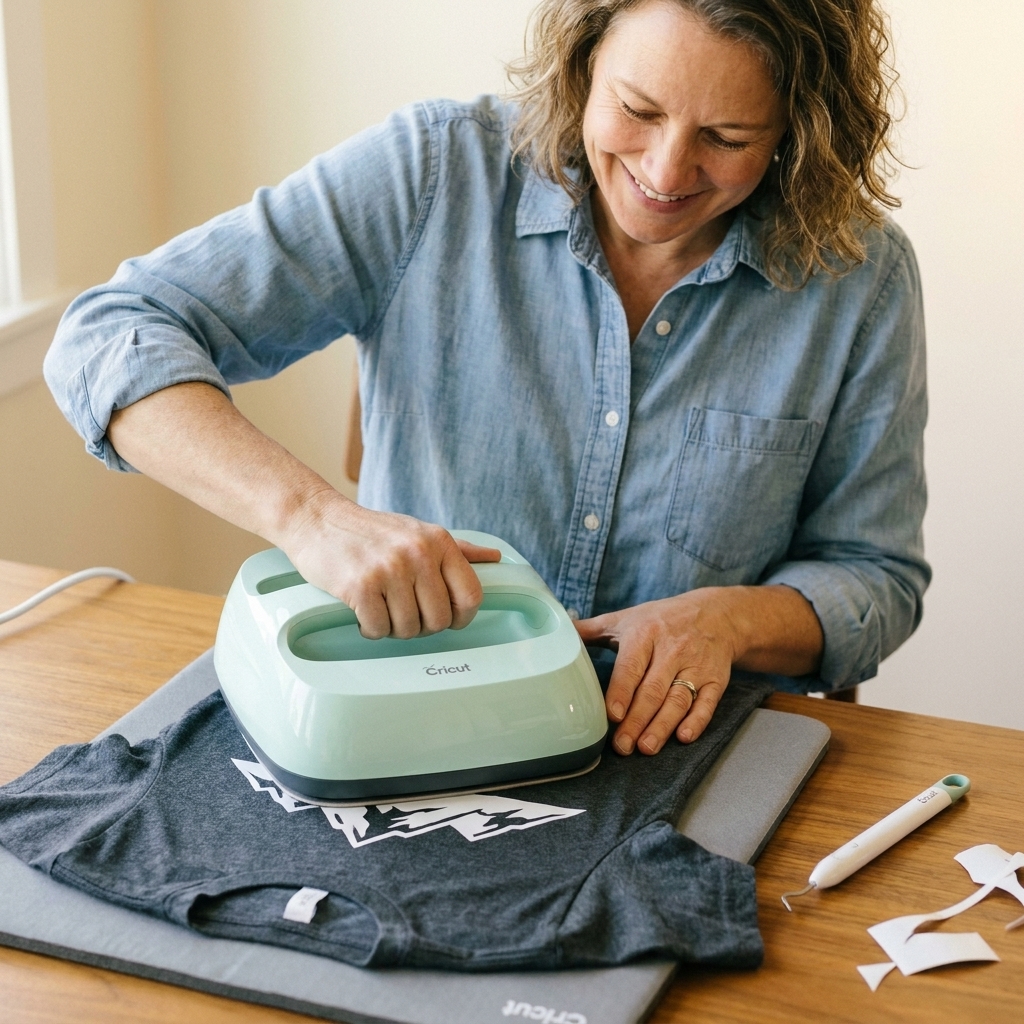 A person pressing a heat transfer vinyl design onto a cotton T-shirt using a Cricut EasyPress on a firm heat press mat