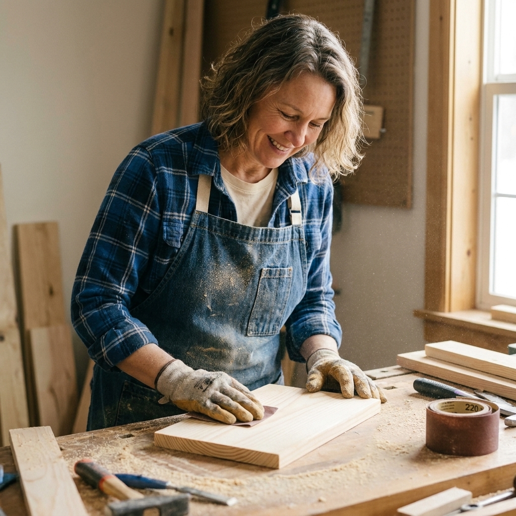 A person sanding a small pine wood sign blank with 220-grit sandpaper on a workbench