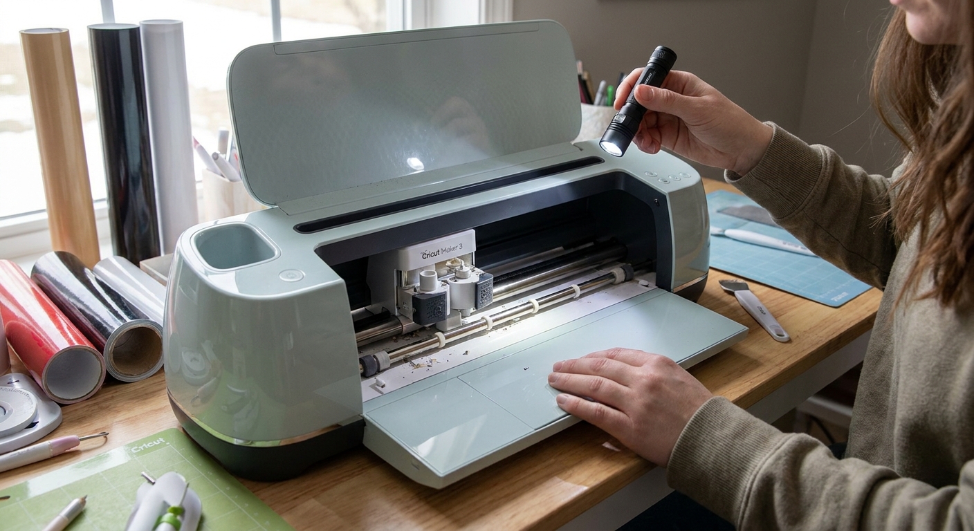 A person shining a small flashlight into the front opening of a Cricut machine to visually check the rollers for debris