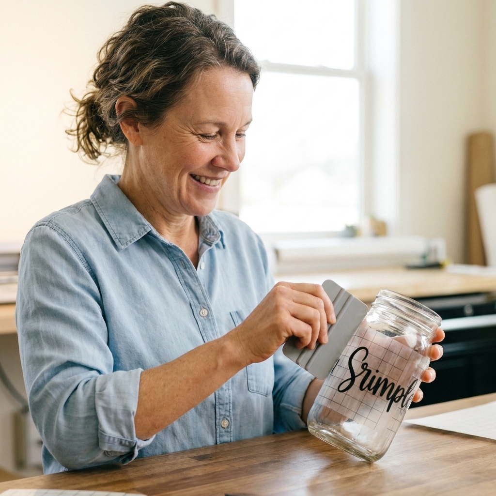 A person smoothing transfer tape over a script vinyl decal on a glass jar using a scraper tool