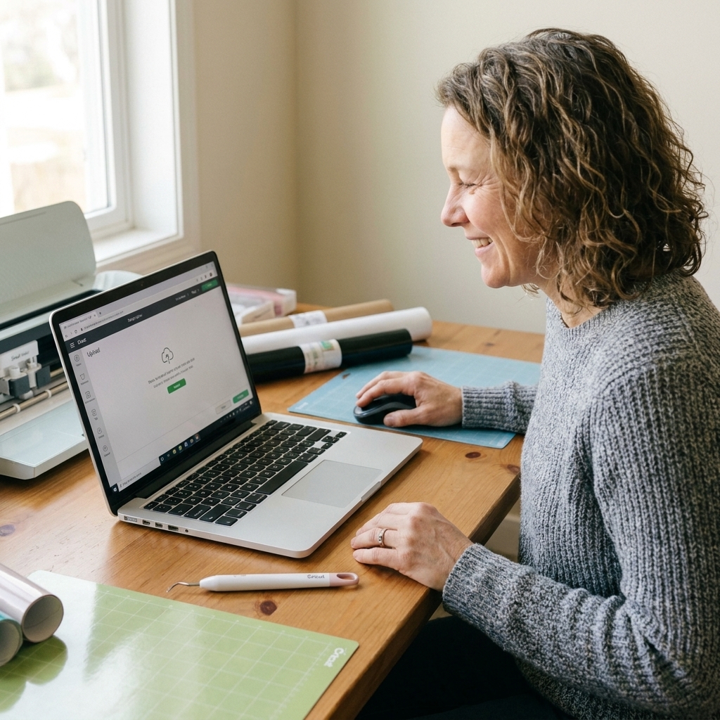 A person using a mouse to click the Upload option in Cricut Design Space on a laptop at a craft table