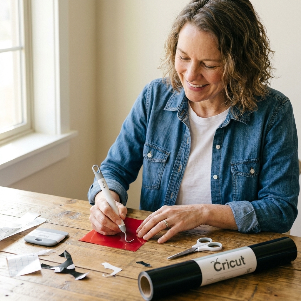 A photo of Cricut heat transfer vinyl tools on a craft table, including a weeding hook, scraper, scissors, and a roll of iron-on vinyl