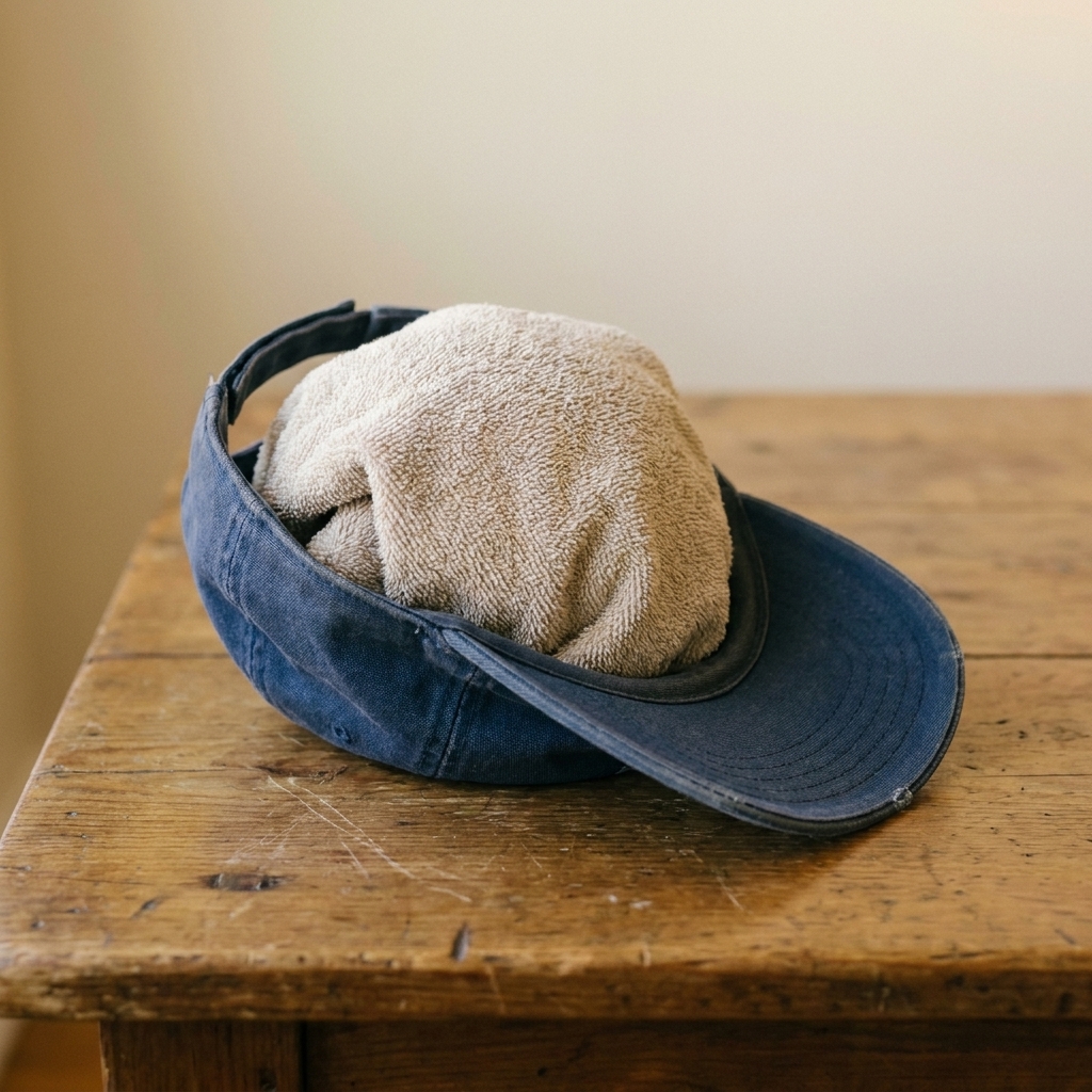 A photo of a baseball cap with a folded towel inserted inside to support the front panel, sitting on a wooden table