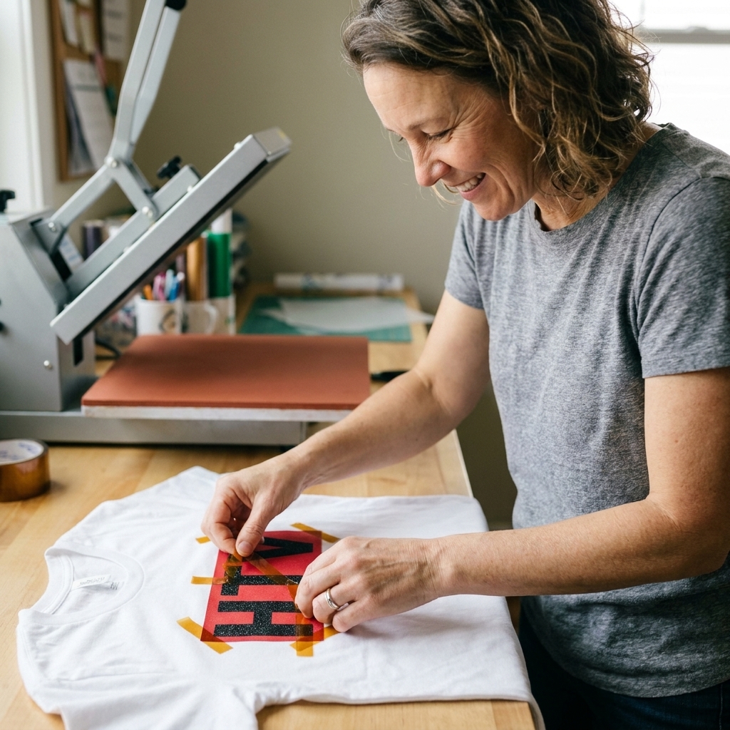 A photo of a t-shirt with a second HTV layer being held in place using small pieces of heat-resistant tape before pressing