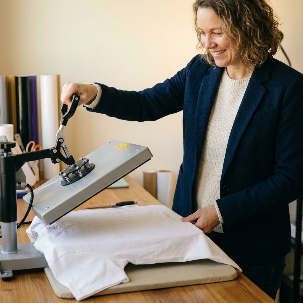 A plain cotton T-shirt laid flat on a pressing mat while a heat press is lowered briefly to smooth wrinkles before applying vinyl