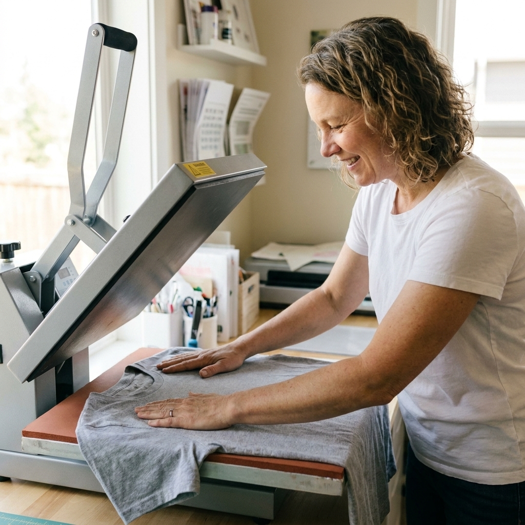 A plain t-shirt smoothed flat on a heat press lower platen with hands gently removing wrinkles before pressing