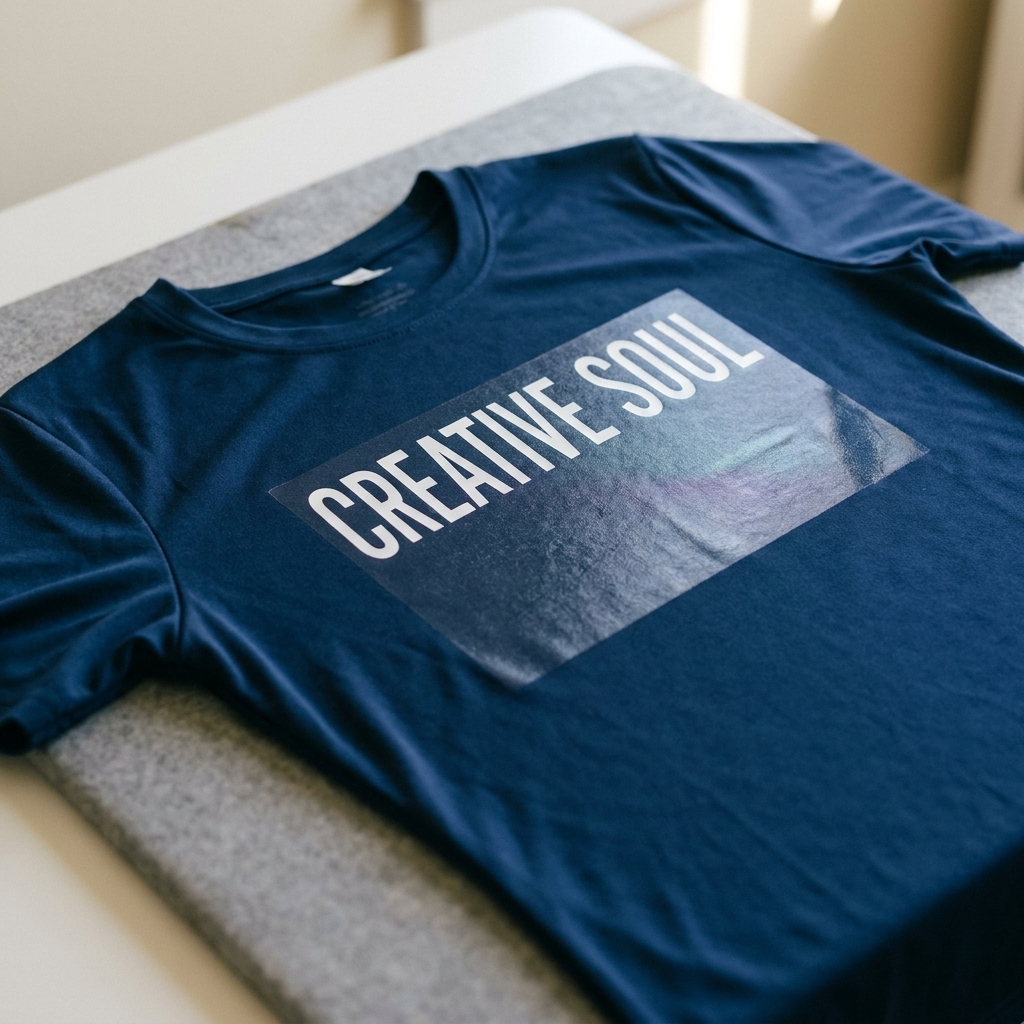 A polyester t-shirt on a pressing mat showing a faint shiny press mark near a heat-transfer vinyl design