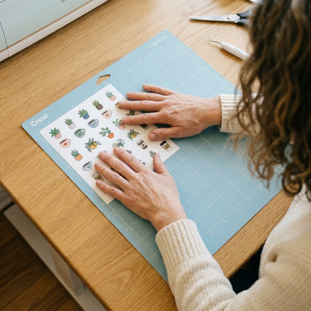 A printed sticker sheet aligned to the top left corner of a Cricut LightGrip mat with hands smoothing it flat