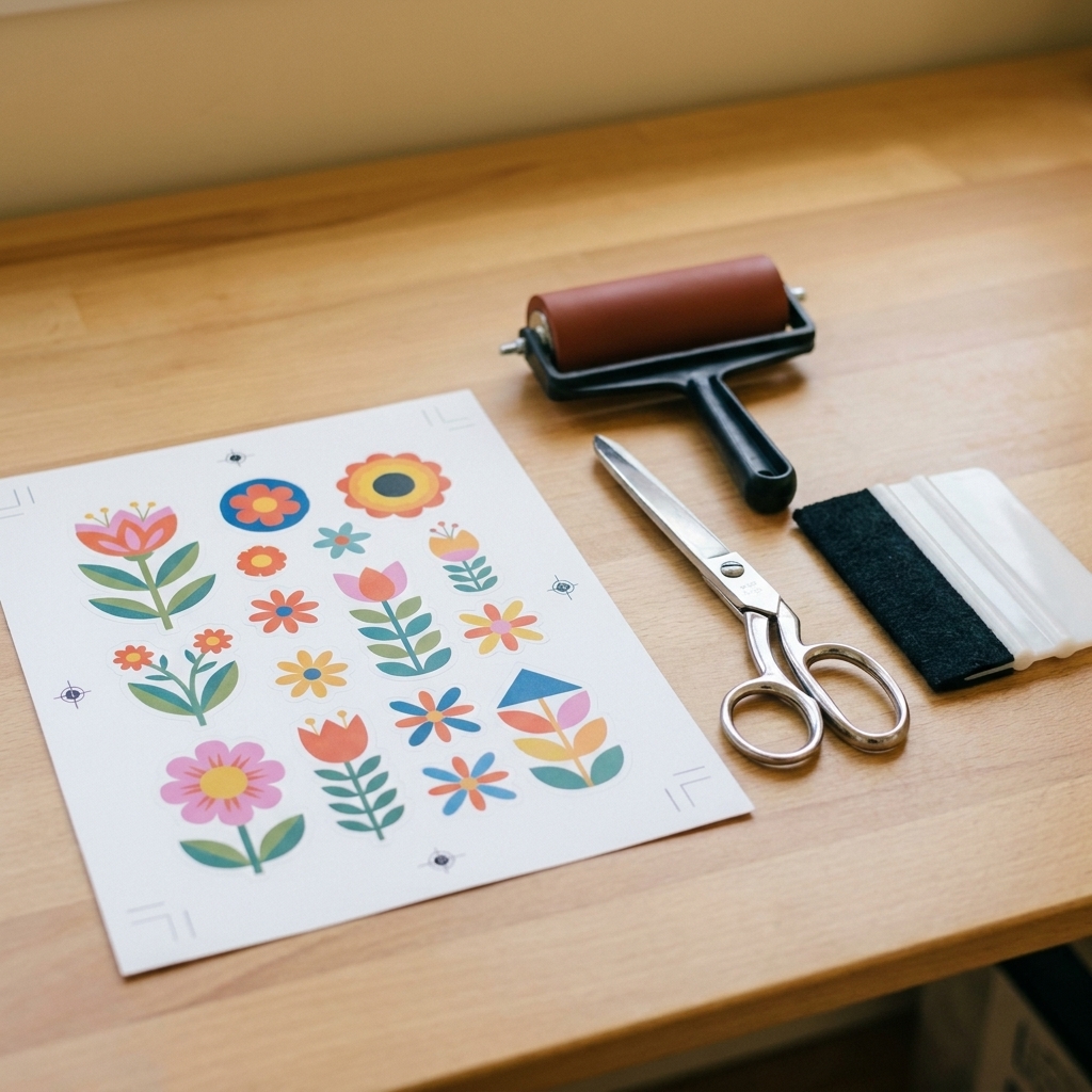 A printed sticker sheet on a desk next to scissors, a brayer, and a squeegee, ready for Cricut Print Then Cut