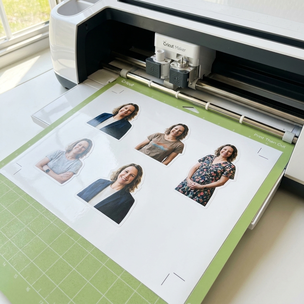 A printed sticker sheet on white printable vinyl placed on a Cricut mat ready for Print Then Cut