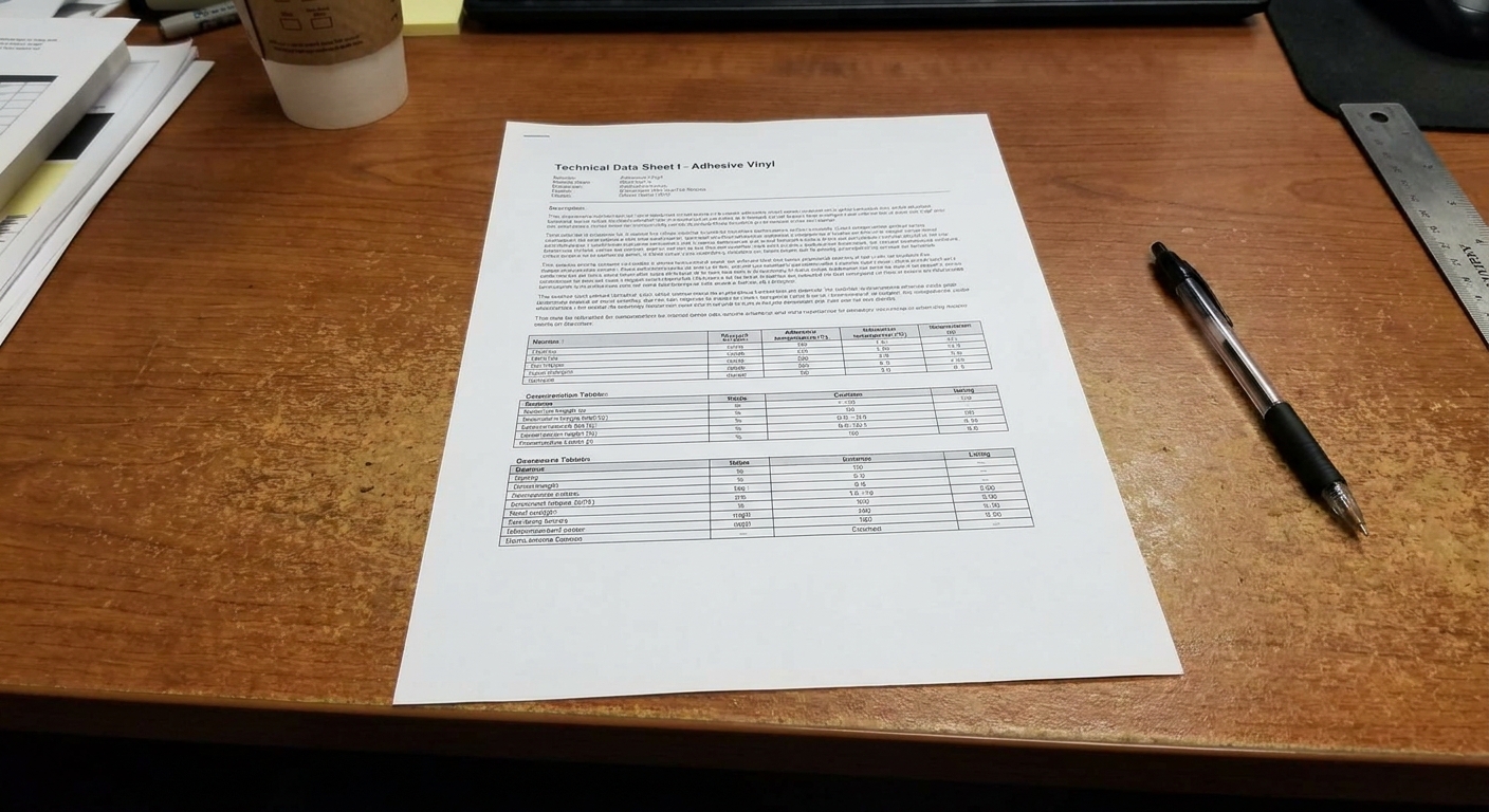 A printed technical data sheet for adhesive vinyl lying flat on a desk next to a pen, with small text and tables visible but not meant to be read in detail