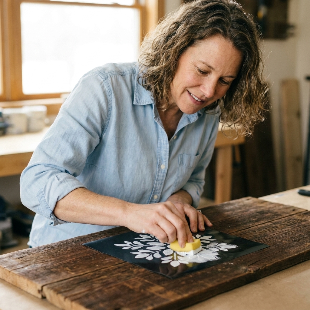 A removable vinyl stencil adhered to a rustic wood board while a hand dabs paint with a small sponge
