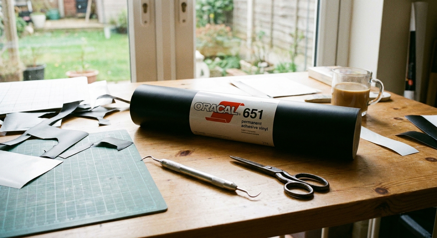 A roll of permanent adhesive vinyl sitting on a craft table next to a weeding tool and scissors, photographed in natural window light