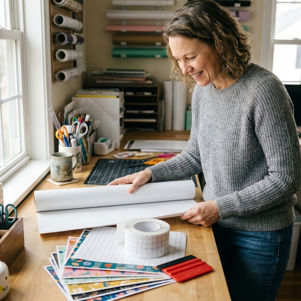 A roll of printable vinyl and a stack of printable sheets on a cluttered craft desk with transfer tape and a squeegee nearby