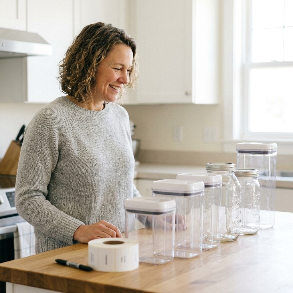 A row of clear pantry containers and jars lined up on a kitchen counter, empty and ready to be labeled
