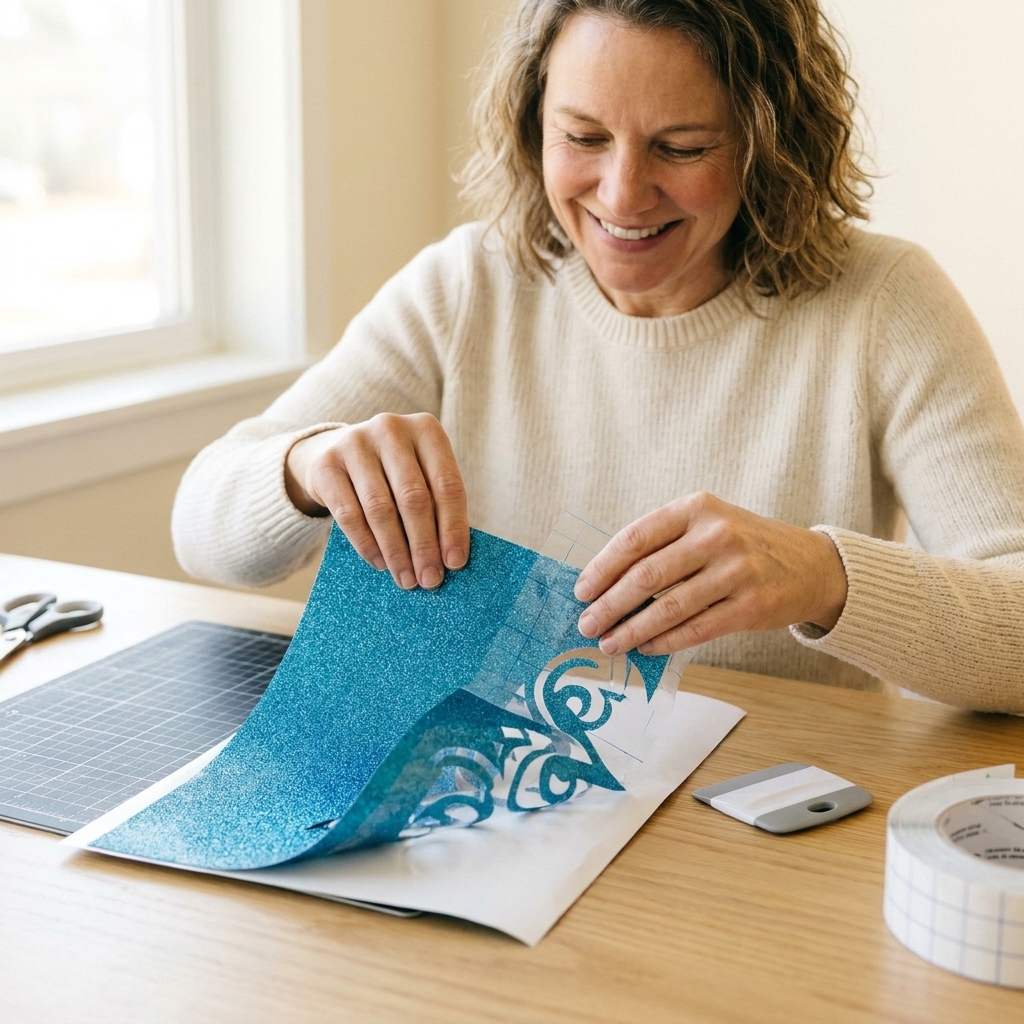 A sheet of glitter adhesive vinyl being lifted cleanly from its backing with strong grip transfer tape after firm burnishing