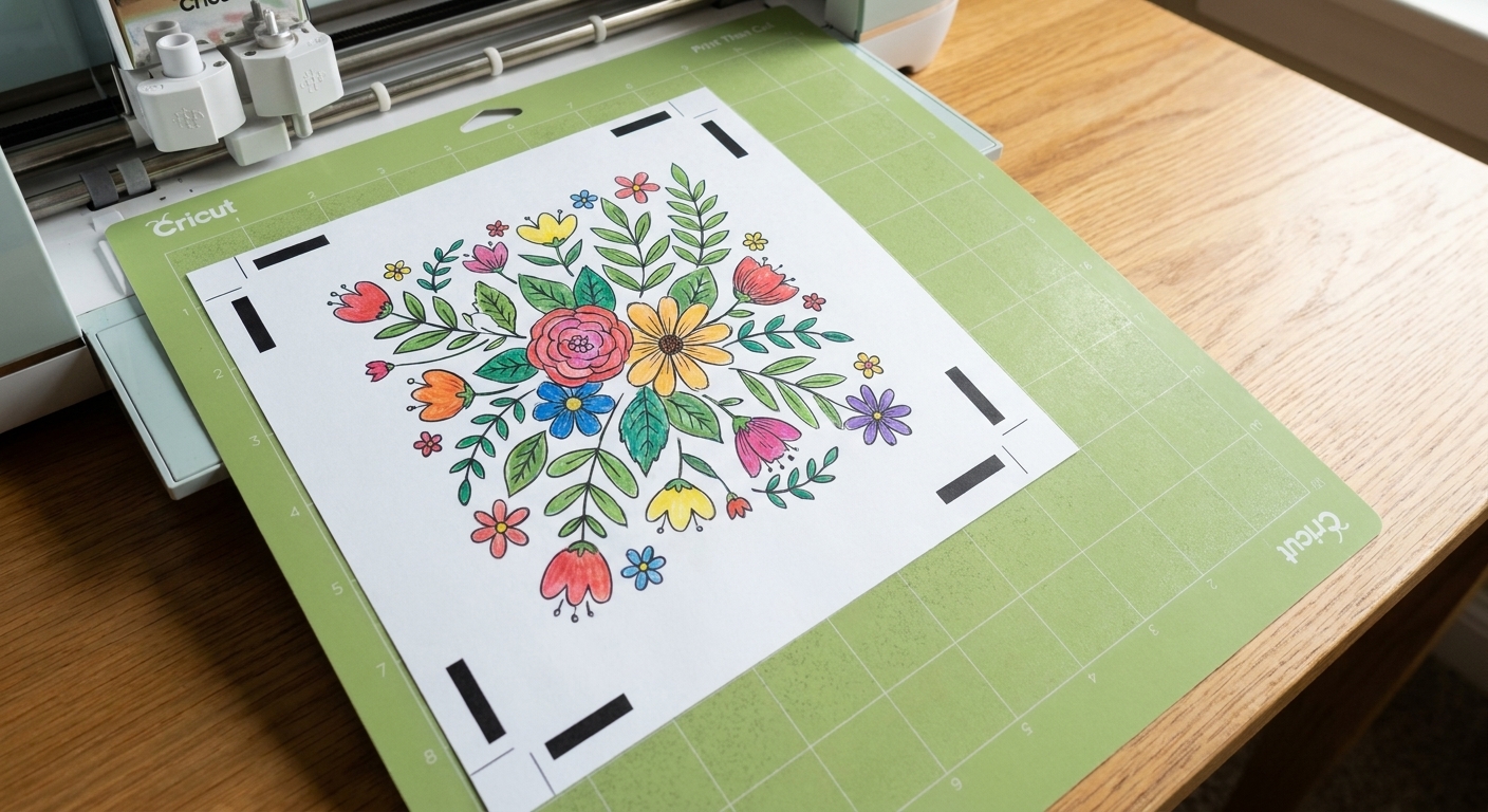 A sheet of sticker paper with a printed design and black registration marks lying on a cutting mat ready for a Cricut Print Then Cut project
