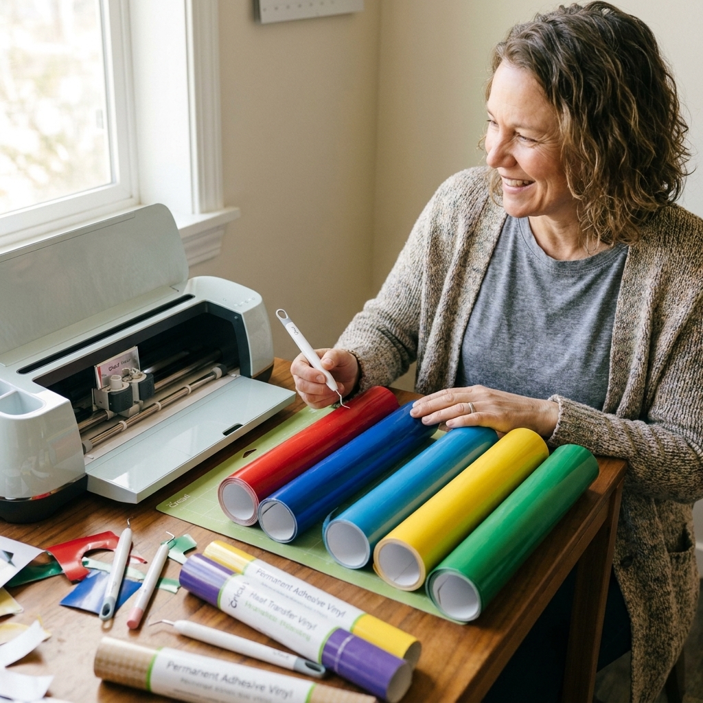 A slightly messy craft table with neatly rolled heat transfer vinyl and permanent adhesive vinyl in multiple colors next to a Cricut cutting machine