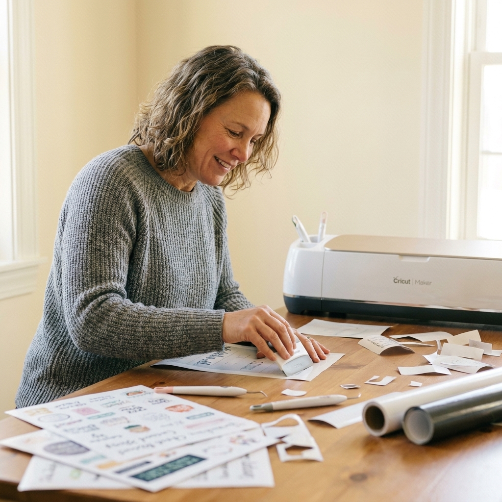 A slightly messy craft table with printable vinyl sheets, sticker paper, a scraper tool, and a Cricut machine in the background