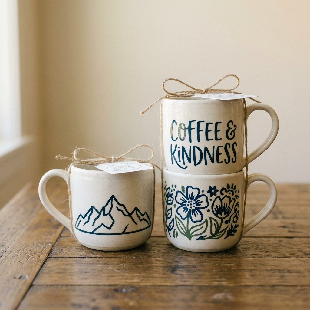 A small stack of ceramic coffee mugs on a table, each with a different permanent vinyl design, ready for gifting