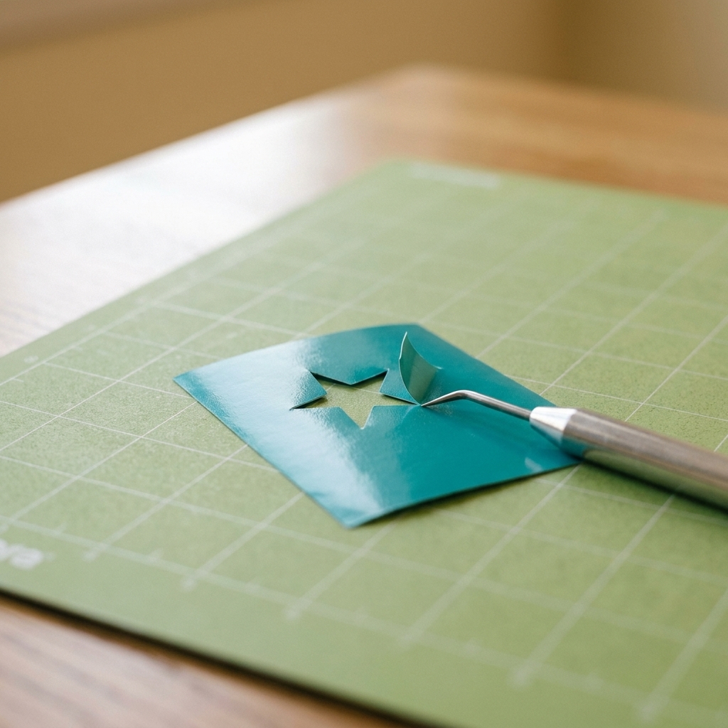 A small star-shaped test cut in adhesive vinyl on a cutting mat with a weeding tool nearby