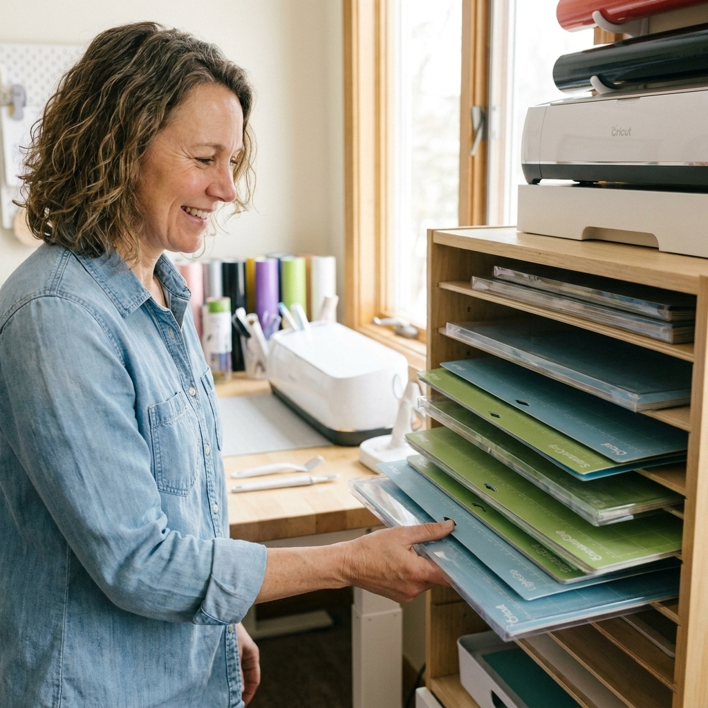 A stack of Cricut mats stored flat with their clear protective covers on, resting on a shelf in a craft room