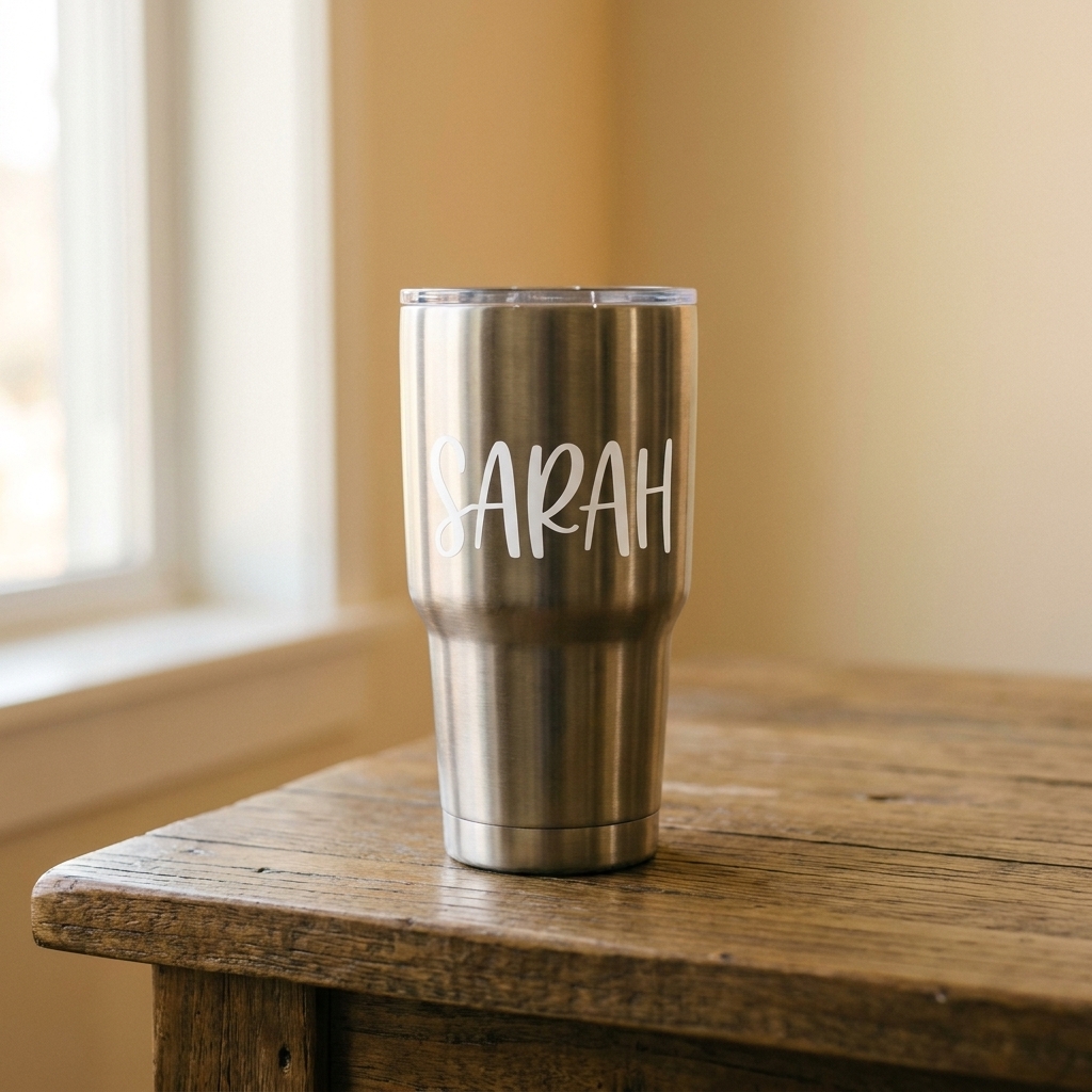 A stainless steel tumbler sitting on a wooden table with a clean white permanent vinyl name decal applied smoothly