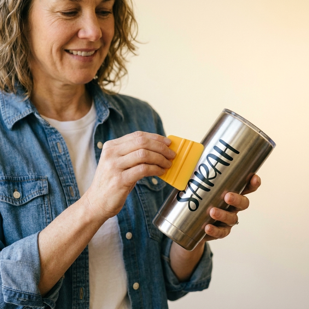 A stainless steel tumbler with a permanent vinyl name decal being smoothed down with a small plastic scraper