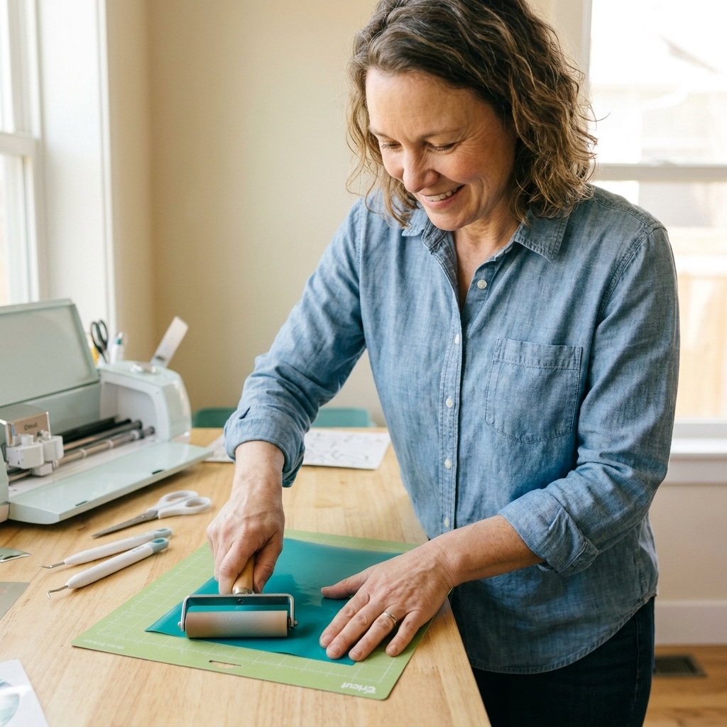 A sticky Cricut cutting mat on a craft table with a piece of standard vinyl smoothed down using a brayer