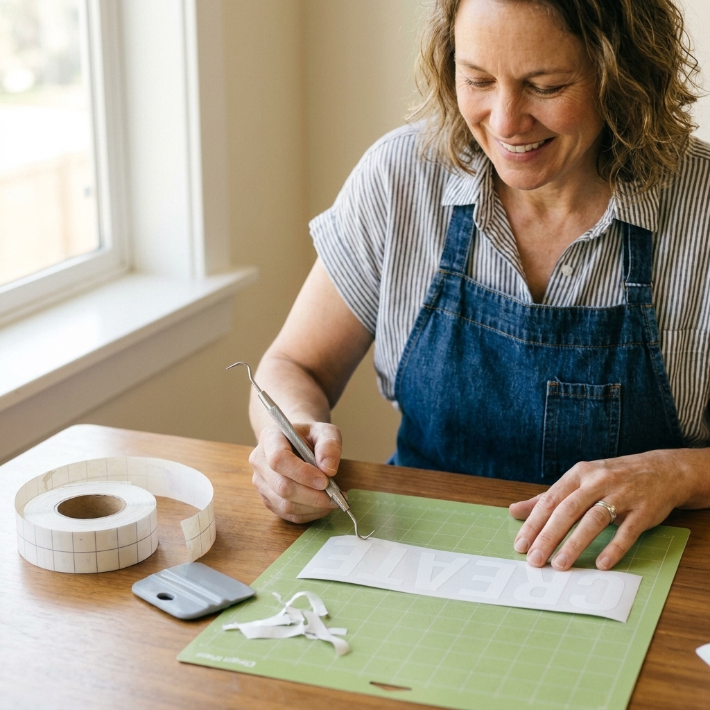 A tabletop craft setup with a clear transfer tape roll, a weeding hook tool, and a plastic scraper beside a weeded adhesive vinyl decal