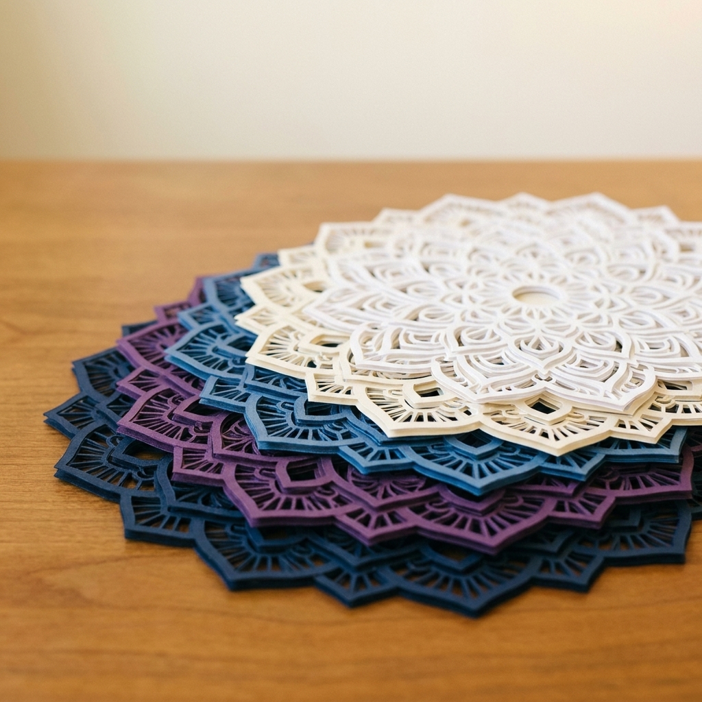 A tabletop view of multiple mandala cardstock layers stacked loosely in order, showing a gradient of colors from dark to light