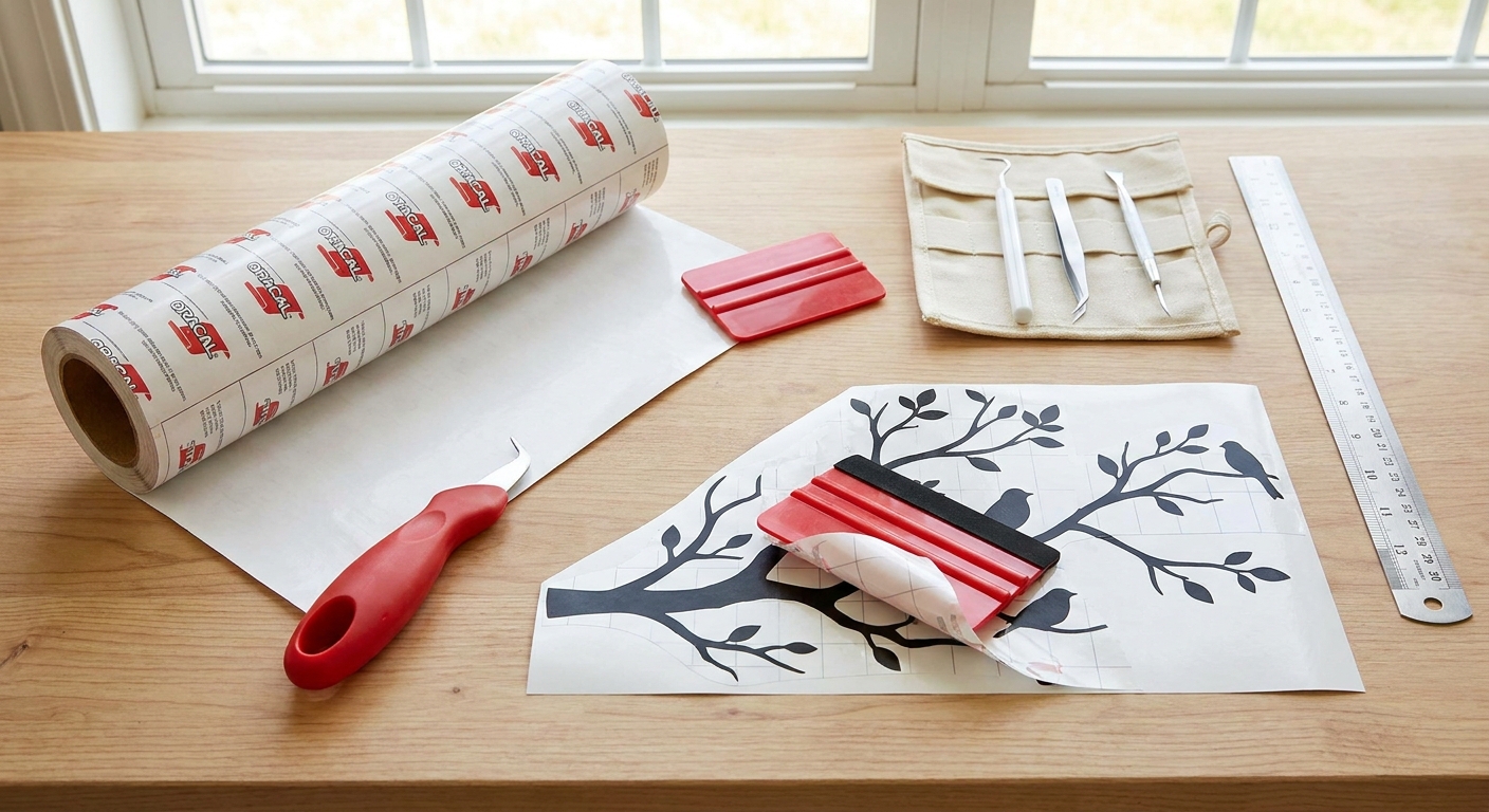 A tabletop with transfer tape roll, a vinyl squeegee, weeding tools, and a ruler laid out neatly for applying a wall decal