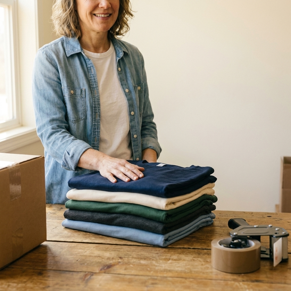A tidy stack of folded blank t-shirts in multiple colors on a packing table
