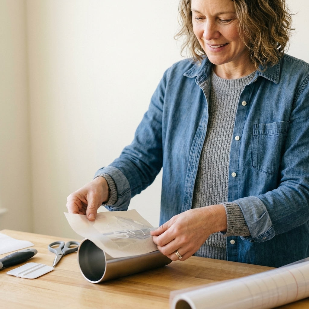 A tumbler on a work surface with a sheet of parchment paper placed between the vinyl decal and the tumbler, held in place with hands