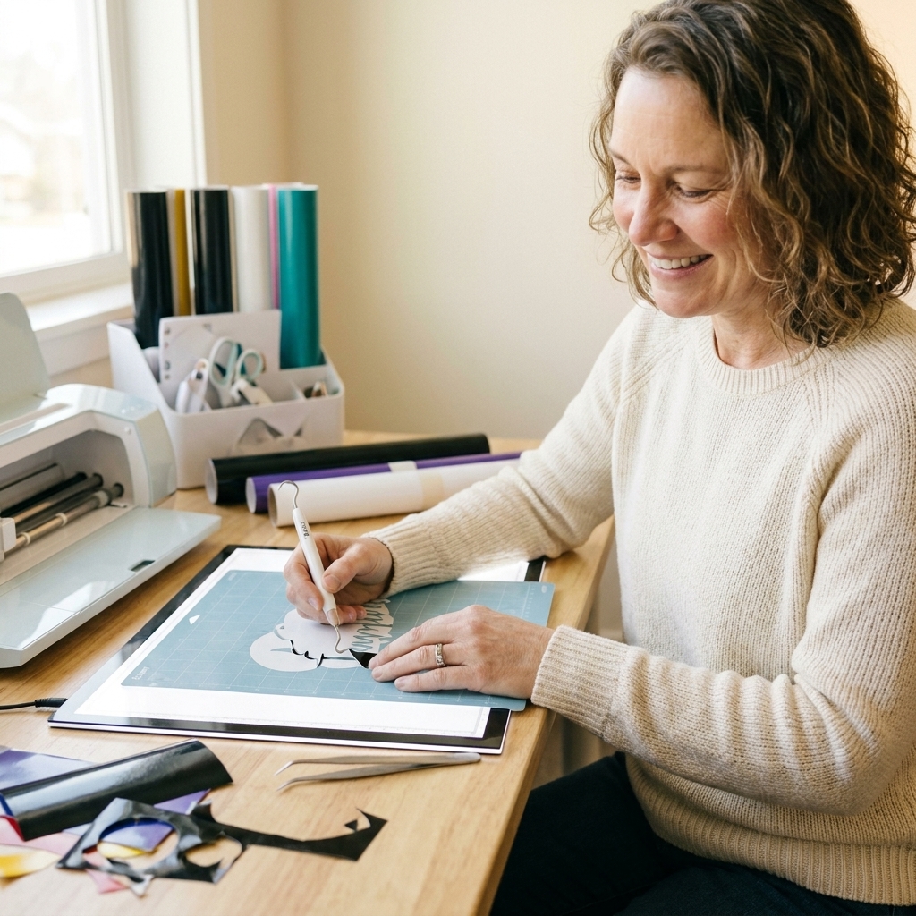 A vinyl-cutting workspace with a light pad under a cutting mat, plus a weeding hook and angled tweezers nearby