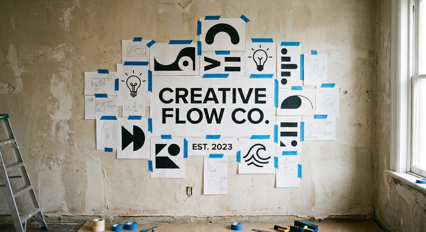 A wall with paper rectangles taped up using blue painter's tape, showing a mockup layout for a large vinyl wall decal