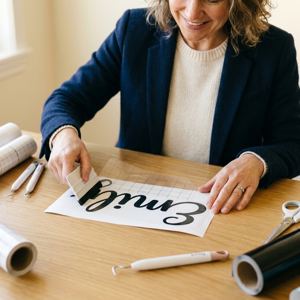 A weeded adhesive vinyl name decal on its paper backing with a sheet of clear standard grip transfer tape partially laid over it on a crafting table