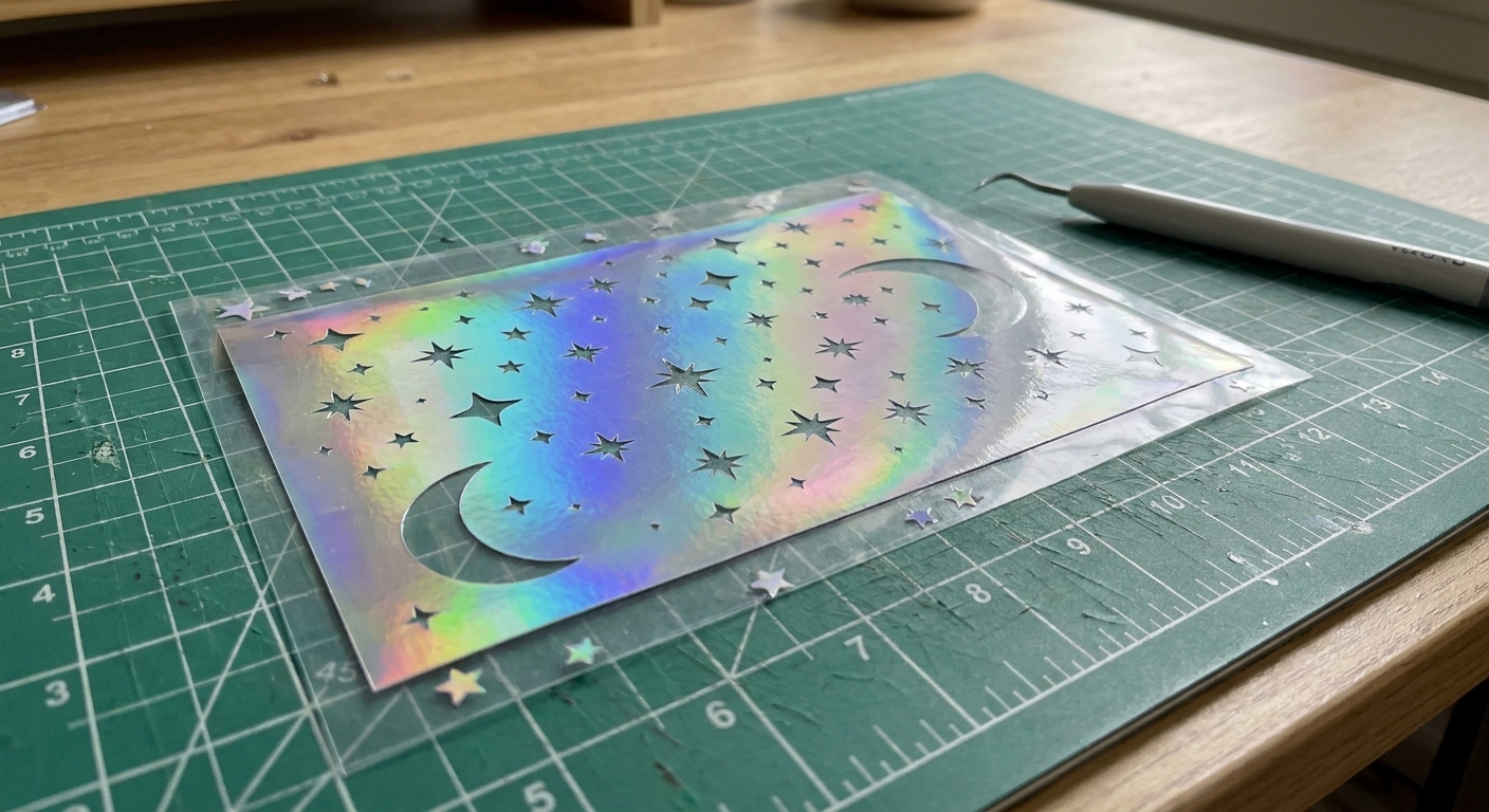 A weeded holographic vinyl decal still on its backing with small star details on a cutting mat