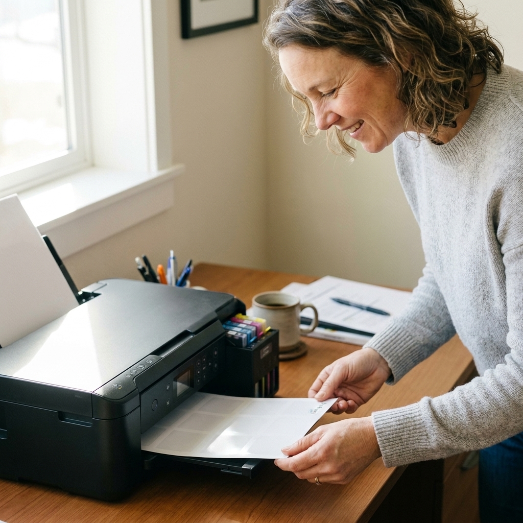 An inkjet printer feeding a glossy printable sticker sheet while a person guides the page gently from the output tray