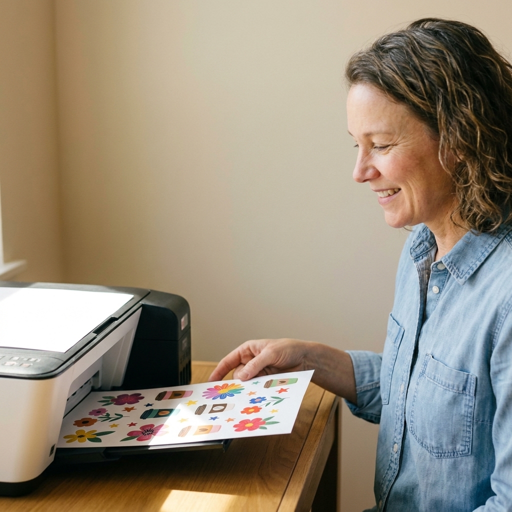 An inkjet printer feeding a sheet of printable sticker paper with colorful sticker designs freshly printed