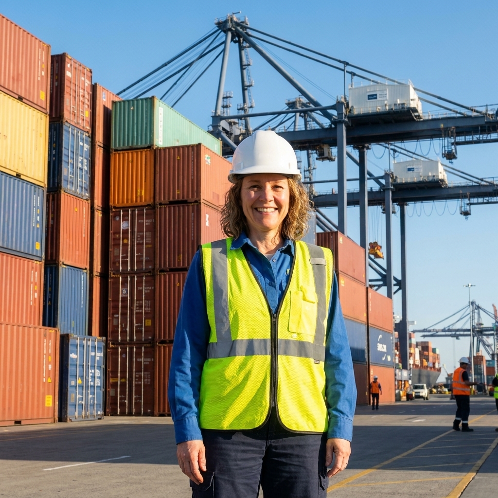 Cargo containers stacked at a shipping port with cranes in the background on a clear day