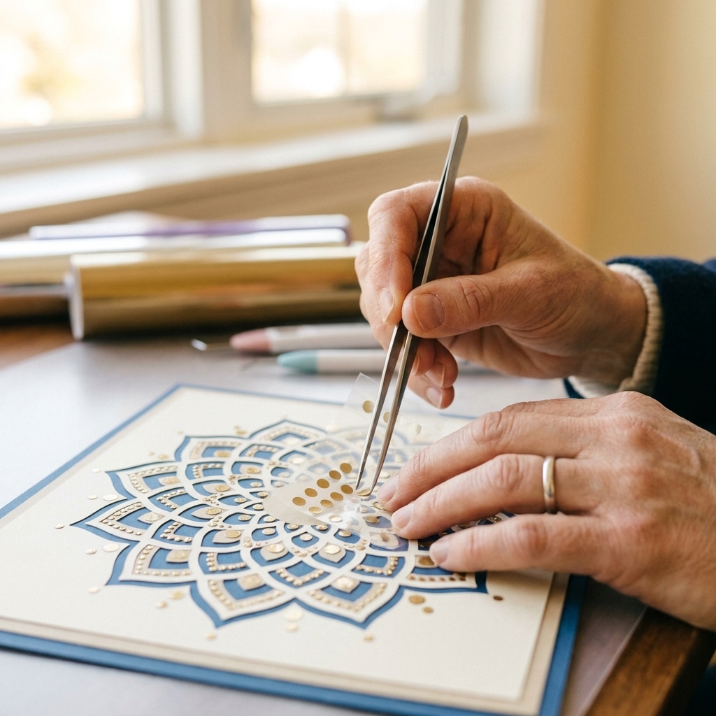 Close-up of hands placing small metallic vinyl dots onto a mandala cardstock layer using transfer tape and tweezers