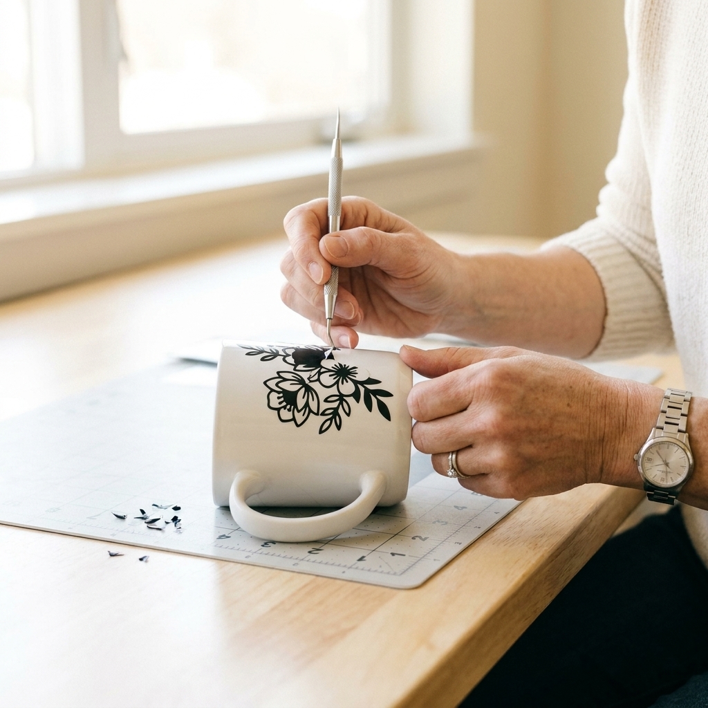 Close-up of hands using a weeding tool to remove excess permanent vinyl from a mug decal design