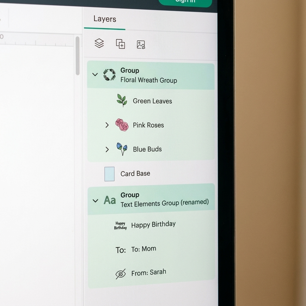 Close view of Cricut Design Space Layers panel with multiple layers grouped, renamed, and some toggled hidden