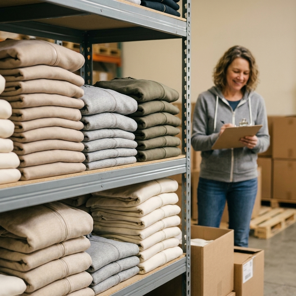 Folded blank hoodies in neutral tones stacked on a warehouse shelf