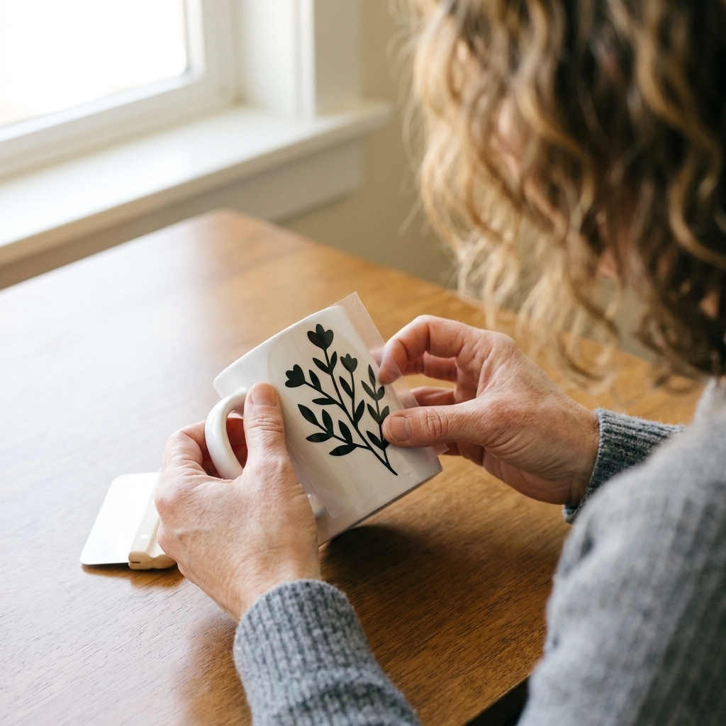 Hands aligning a permanent vinyl decal on a white ceramic mug near the handle before burnishing