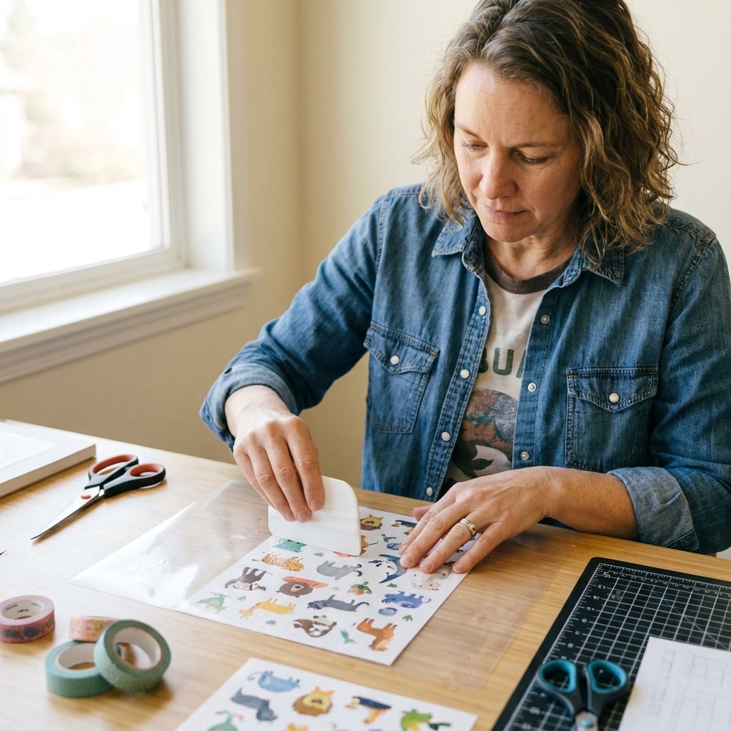 Hands applying clear self-adhesive laminate over a printed sticker sheet using a plastic scraper on a craft table