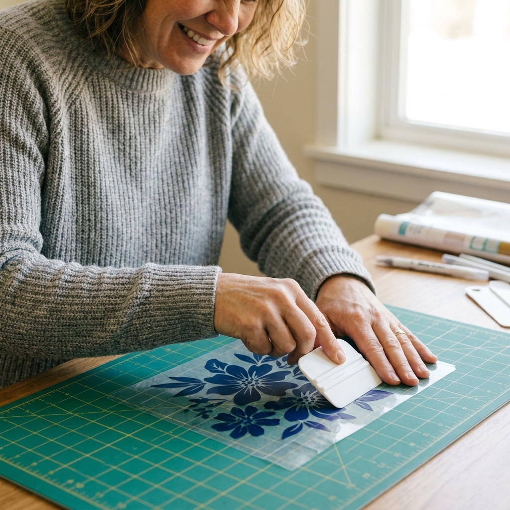 Hands applying clear transfer tape to a vinyl decal on a cutting mat using a scraper